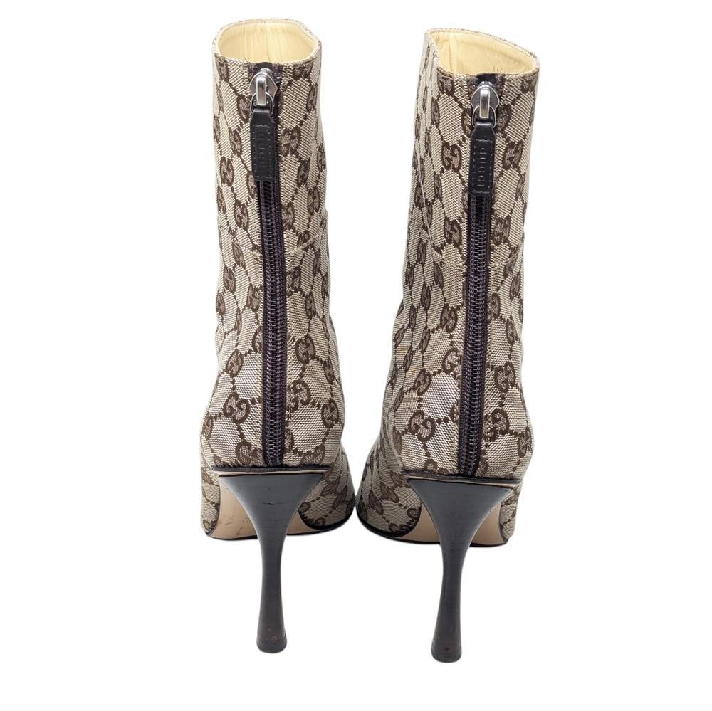 Gucci Signature Calf High Pointed Brown & Beige Monogram Heeled Boots Sz EU 38.5 - Picture 5 of 12